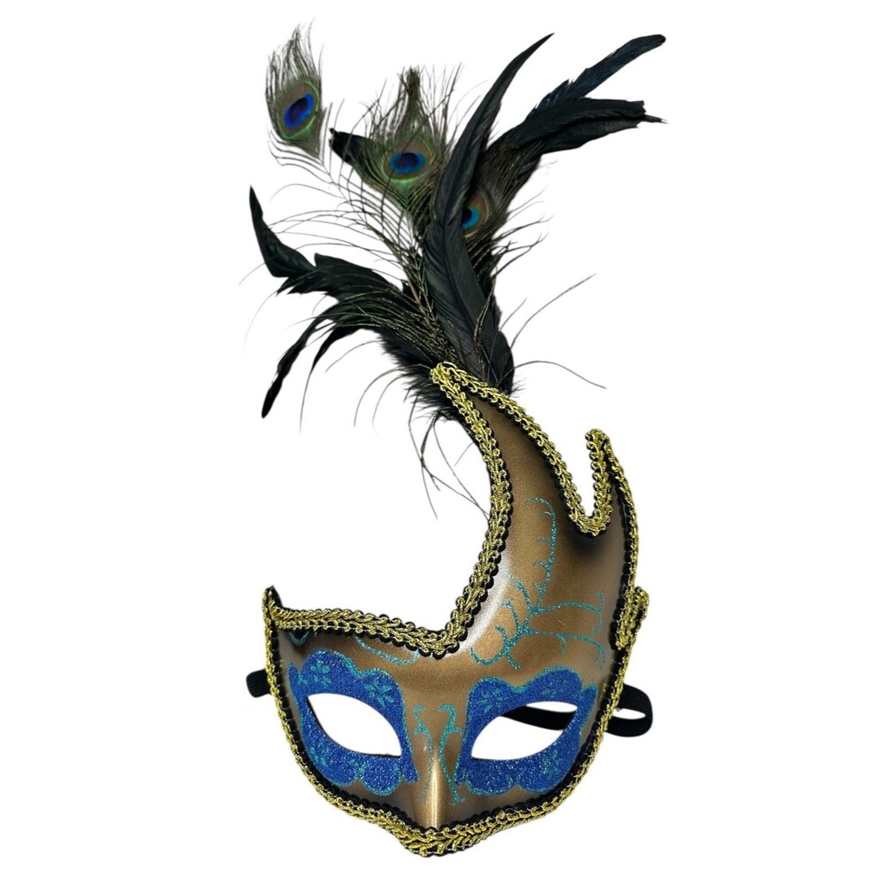 Masquerade Mask Peacock Feathers Gold Blue Glitter Venetian Mardi Gras Party